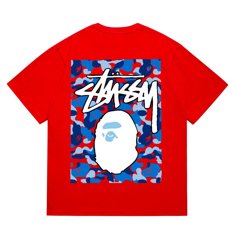 BAPE x Stussy Blue Camo Back Print Men's T-Shirt - Pink