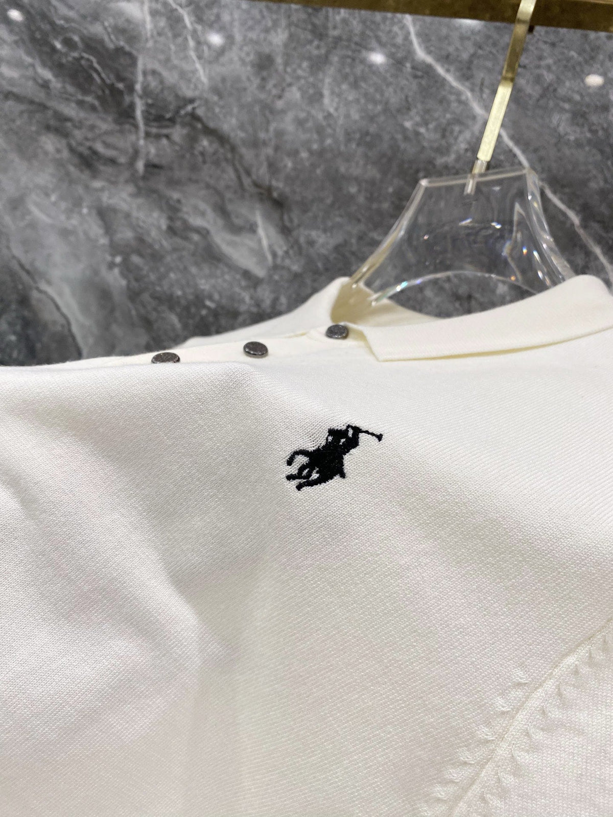Men's Pique Knit Short‑Sleeve Polo Shirt Small Horse Embroidery Solid Cream Casual Top