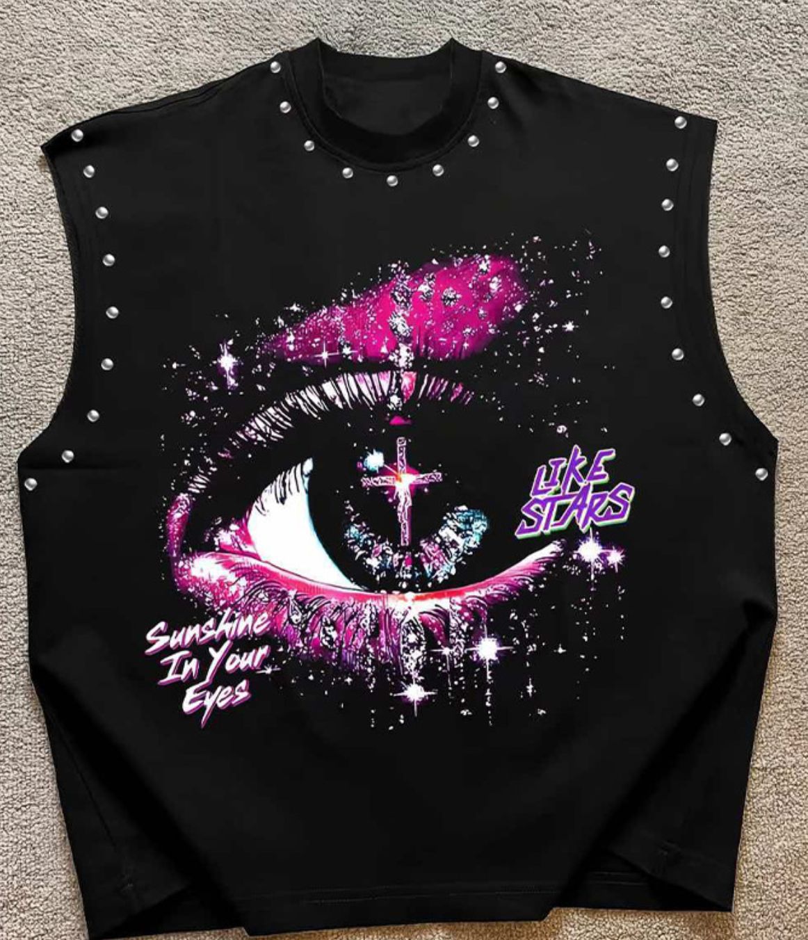 Vintage Retro Graphic Rivet Cut‑Off Sleeveless Tank Top Multi‑Style
