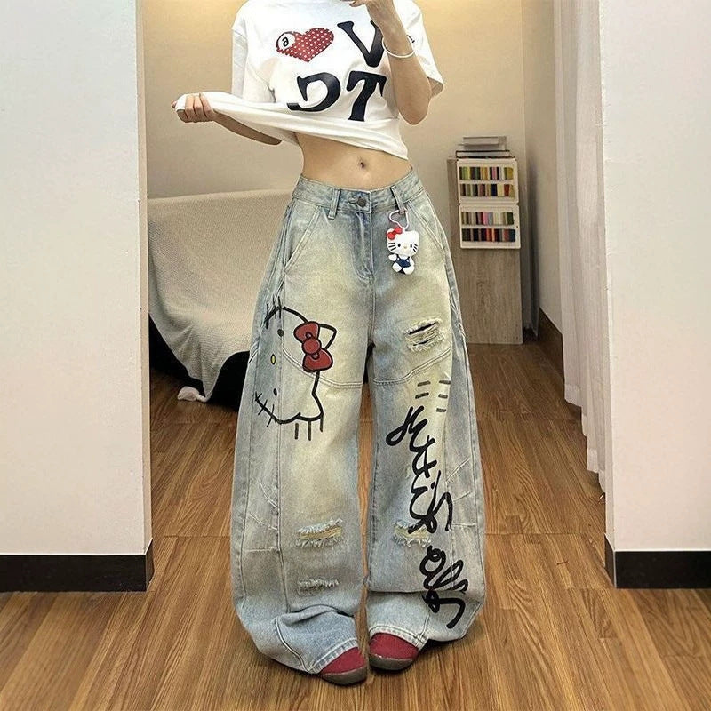 Graffiti Hello Kitty Distressed Curved Wide Leg Baggy Denim Jeans