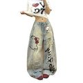 Graffiti Hello Kitty Distressed Curved Wide Leg Baggy Denim Jeans