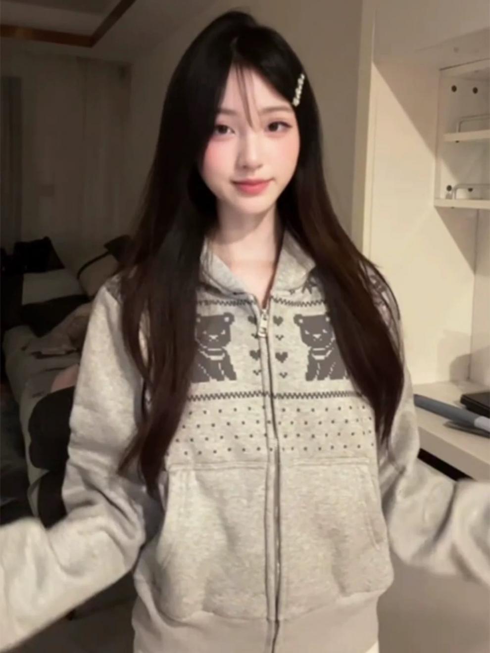 Korean Retro Nordic Bear Print Zip‑Up Hoodie Casual Loose Women Jacket