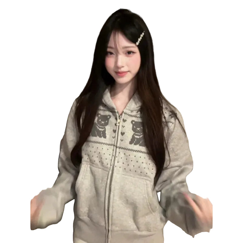 Korean Retro Nordic Bear Print Zip‑Up Hoodie Casual Loose Women Jacket