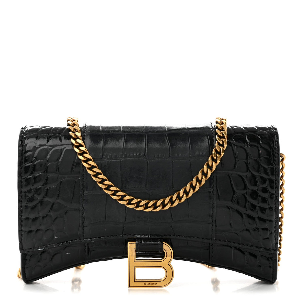 Shiny Calfskin Crocodile Embossed Hourglass Chain Bag Black