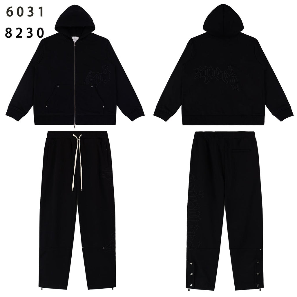 Godspeed Tonal Black Gothic Zip Hoodie Tracksuit Set