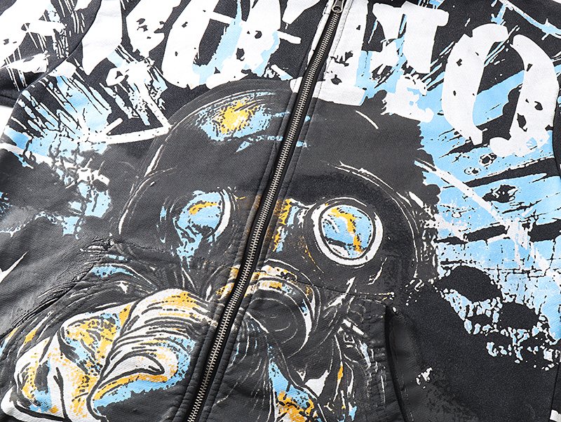 MIXED EMOTION Washed Black Graphic Zip Hoodie