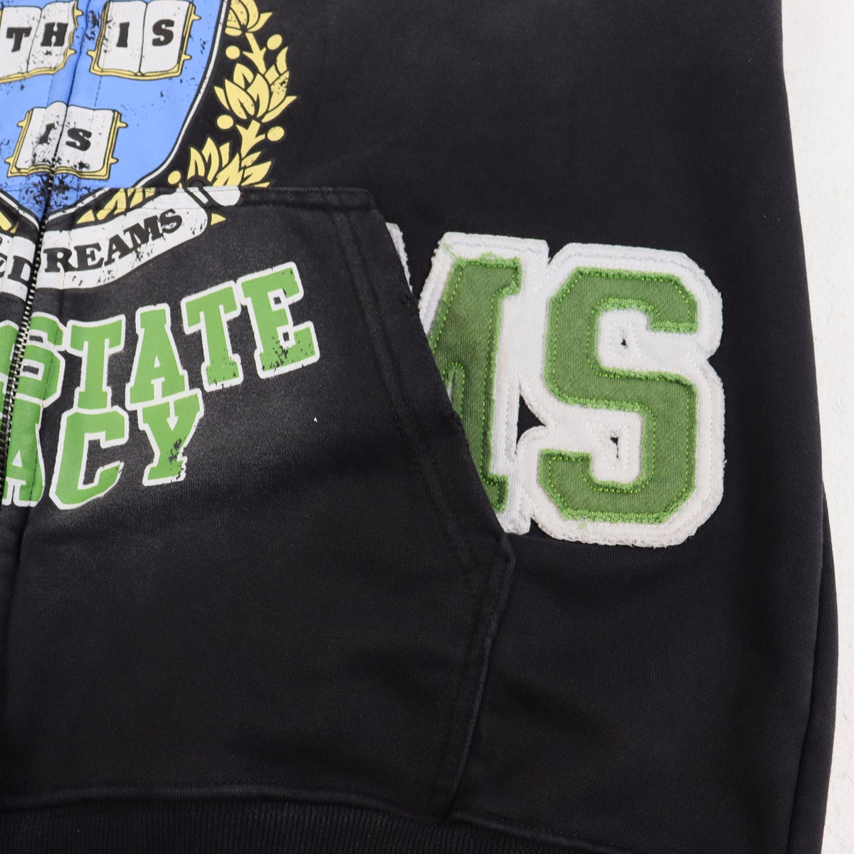 Valley Dreams Washed Black Collegiate Crest Zip Hoodie