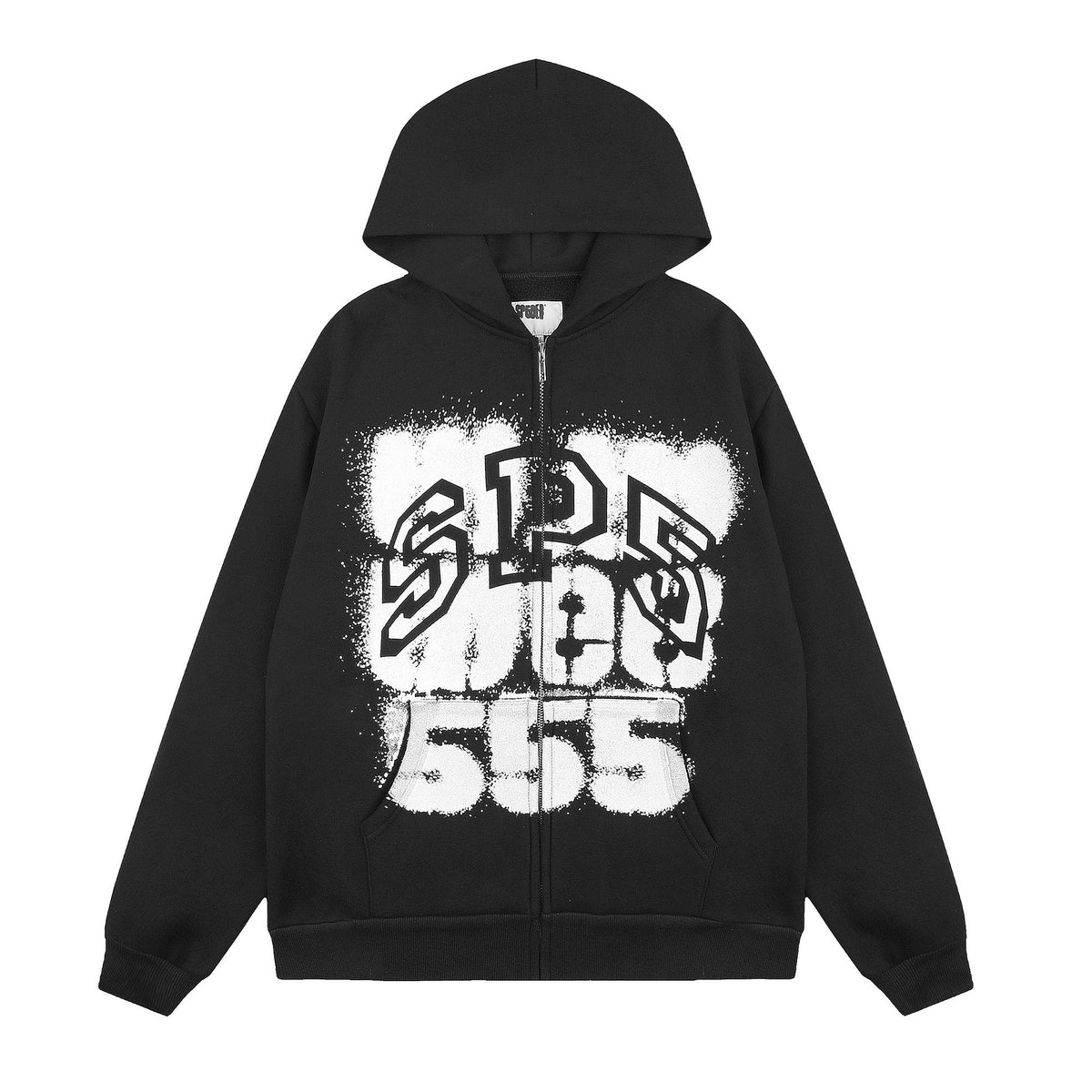 Sp5der Distressed Front Graphic Zip-Up Hoodie