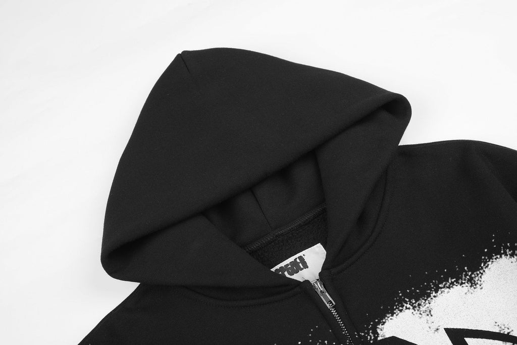 Sp5der Distressed Front Graphic Zip-Up Hoodie