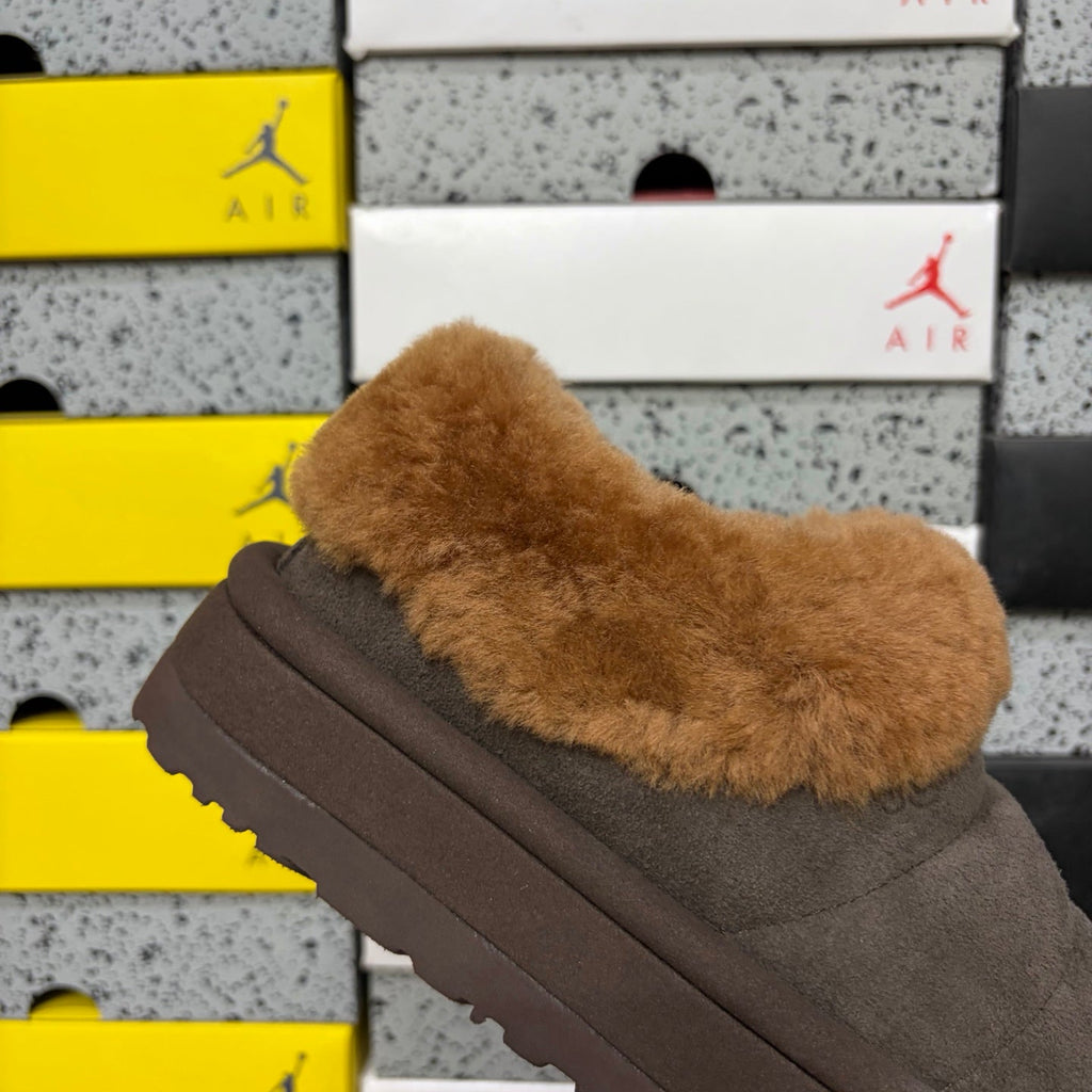 UGG Tazz Platform Slip-On Slipper – Suede Moccasin with Caramel Shearling Cuff & Chocolate Platform Sole in Chocolate