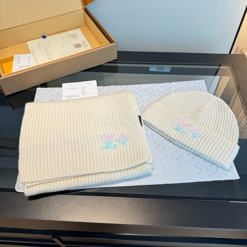 Louis Vuitton Cream Rib-Knit Scarf and Beanie Set