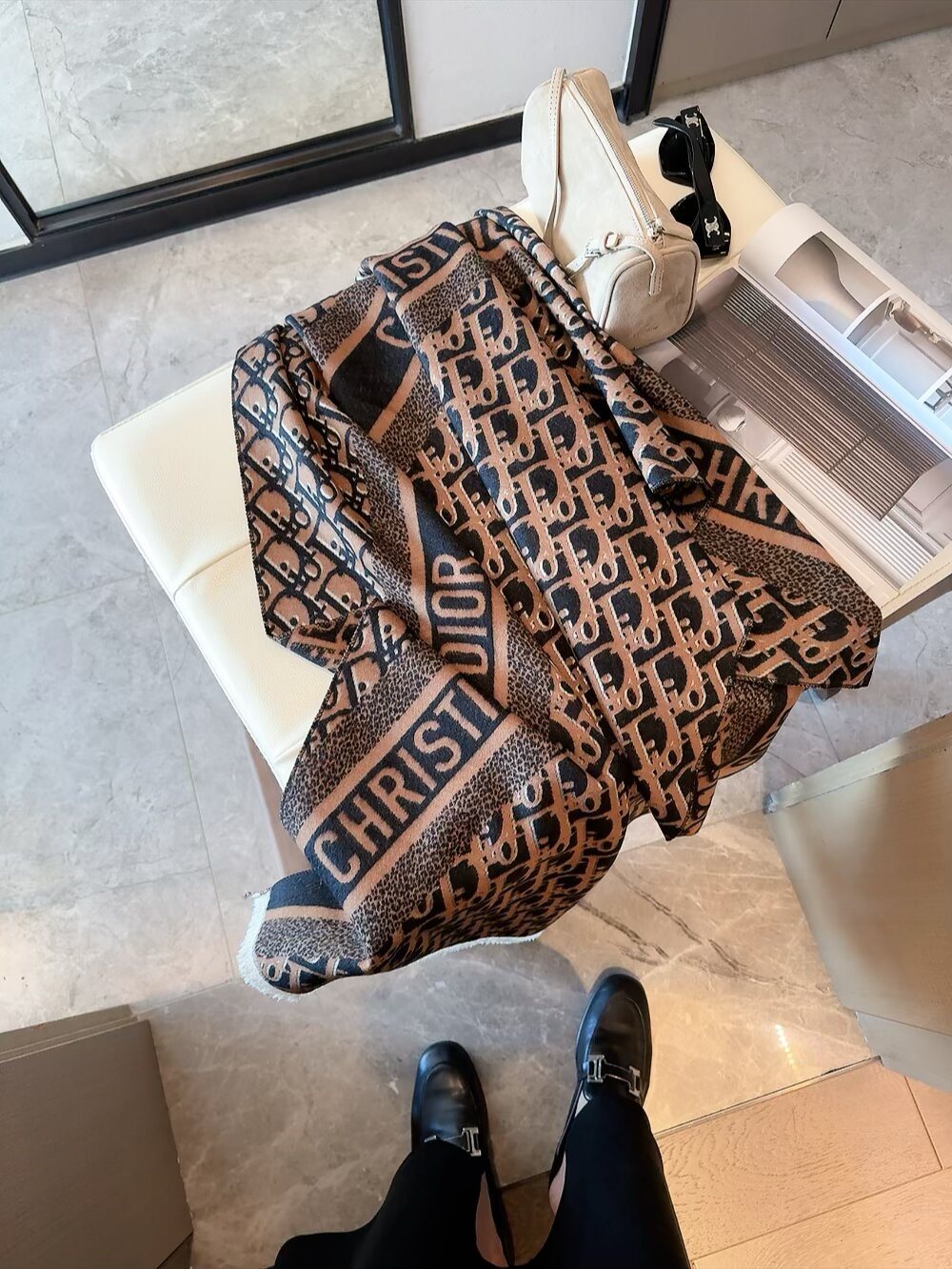 Dior Brown & Beige Fringed Scarf Shawl