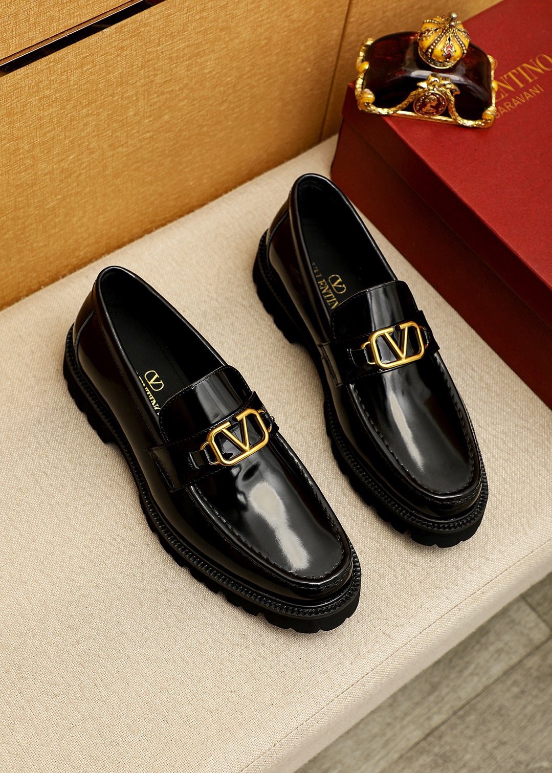 Valentino Black Buckle Lug Sole Loafers