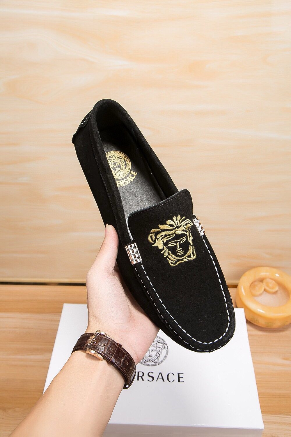 Versace Men's Gold-Embroidered Loafers
