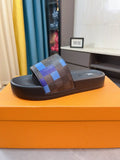 Louis Vuitton Men's Brown and Blue Check Slide Sandals