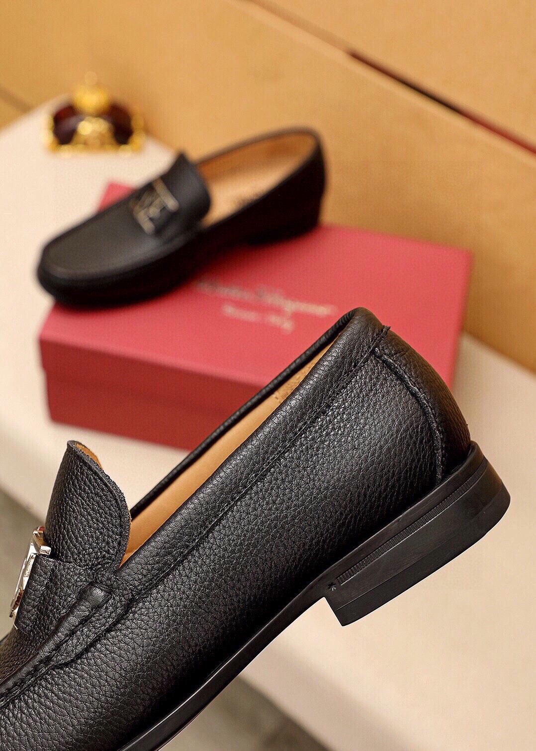 Ferragamo Black Pebbled Leather Loafers