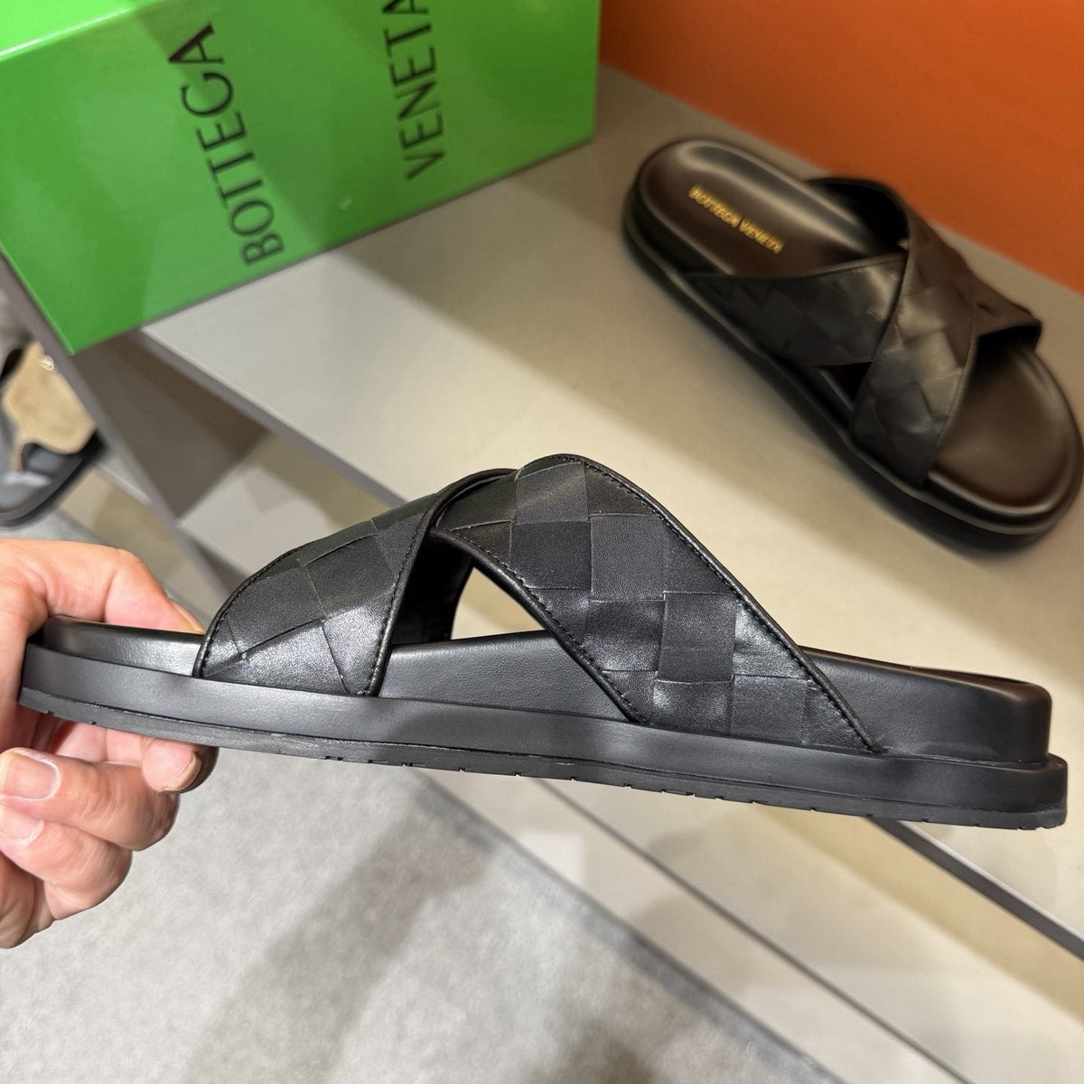 Bottega Veneta Men's Black Woven Slide Sandals