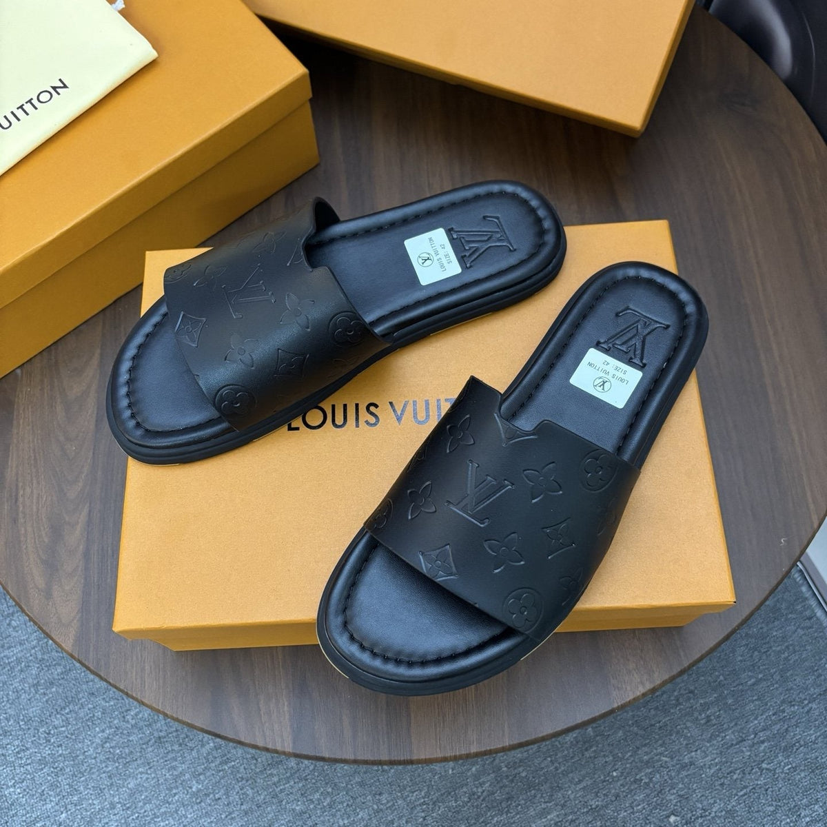 Louis Vuitton Black Embossed Slide Sandals