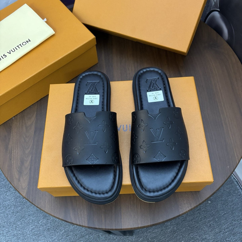 Louis Vuitton Black Embossed Slide Sandals