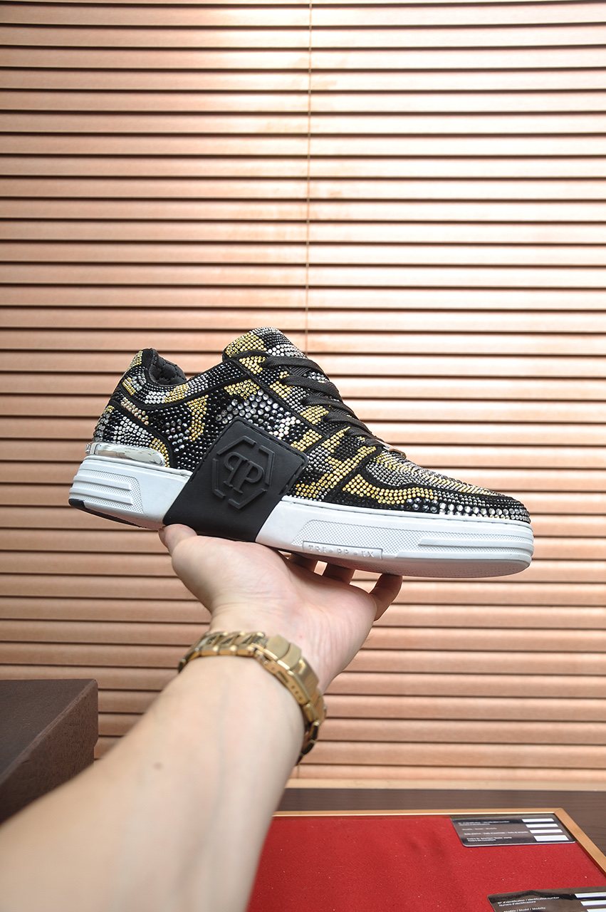 Philipp Plein Black & Gold Patterned Sneakers