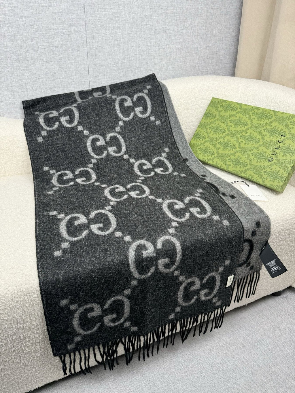 Charcoal Gray and Black Fringed Scarf