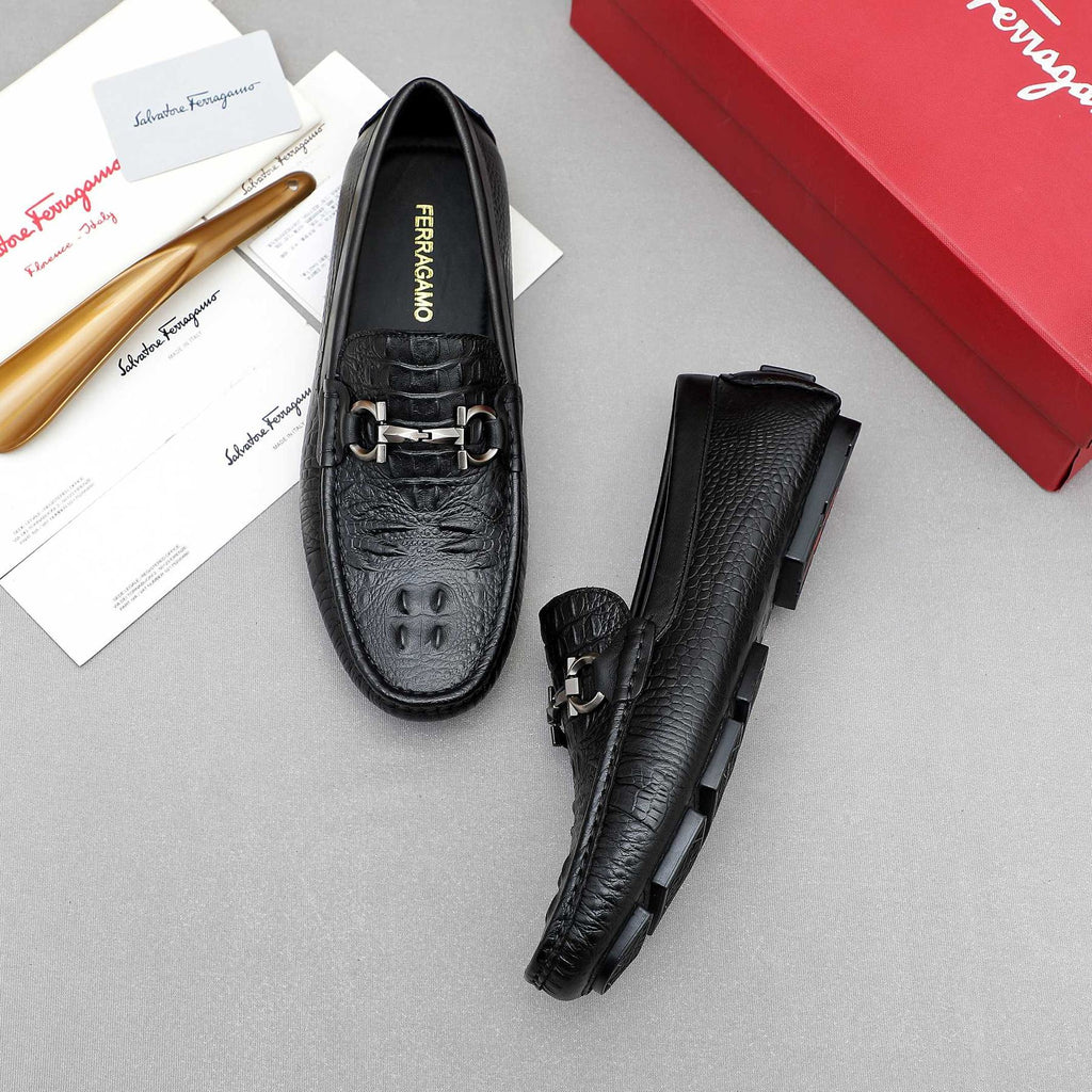 Ferragamo Men's Black Textured Loafers