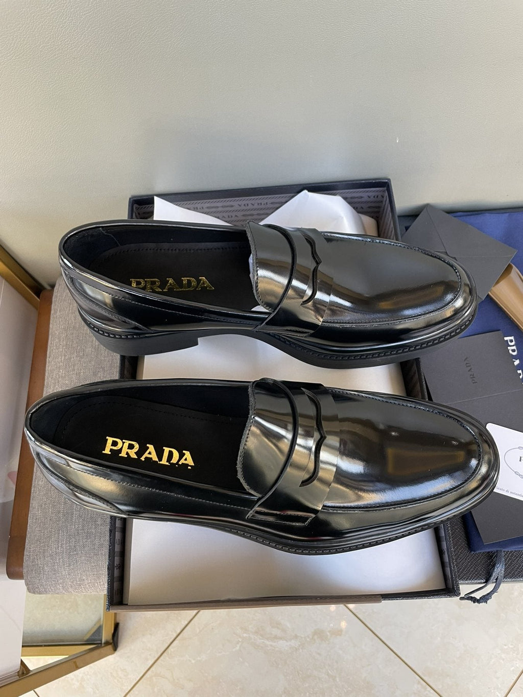 Prada Black Glossy Strap Loafers