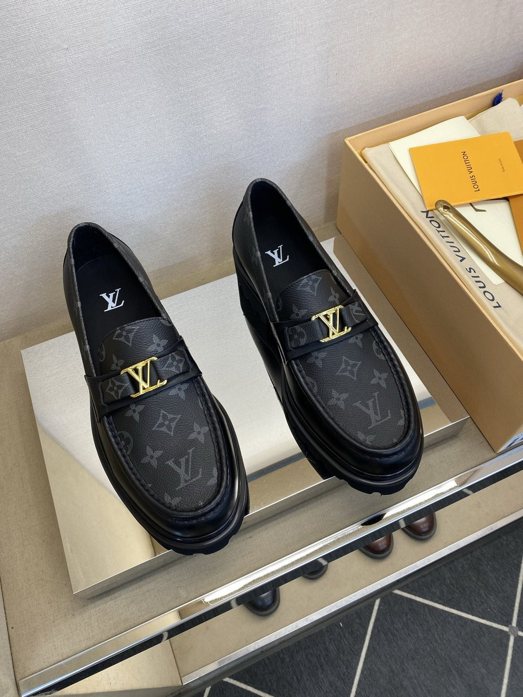 Louis Vuitton Men's Black Monogram Lug Sole Loafers - Moc-Toe Stitching