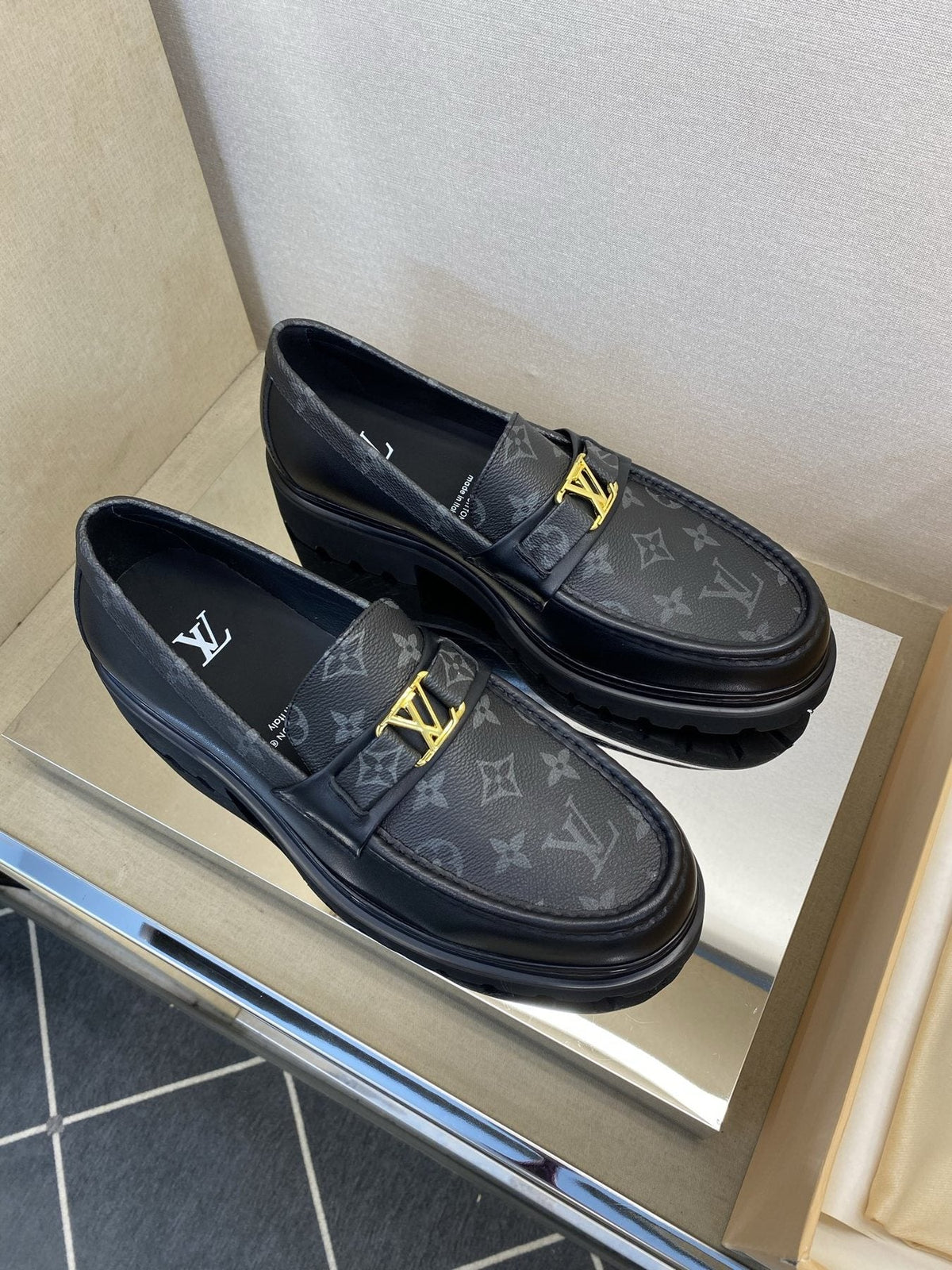 Louis Vuitton Men's Black Monogram Lug Sole Loafers - Moc-Toe Stitching