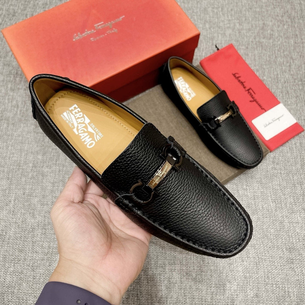 Salvatore Ferragamo Black Textured Driving Loafers