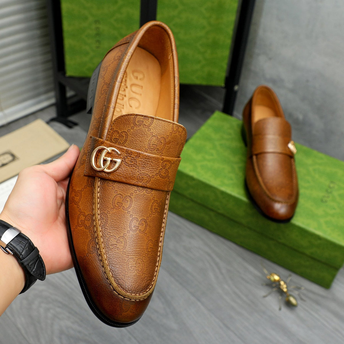 Gucci Brown Textured Loafers