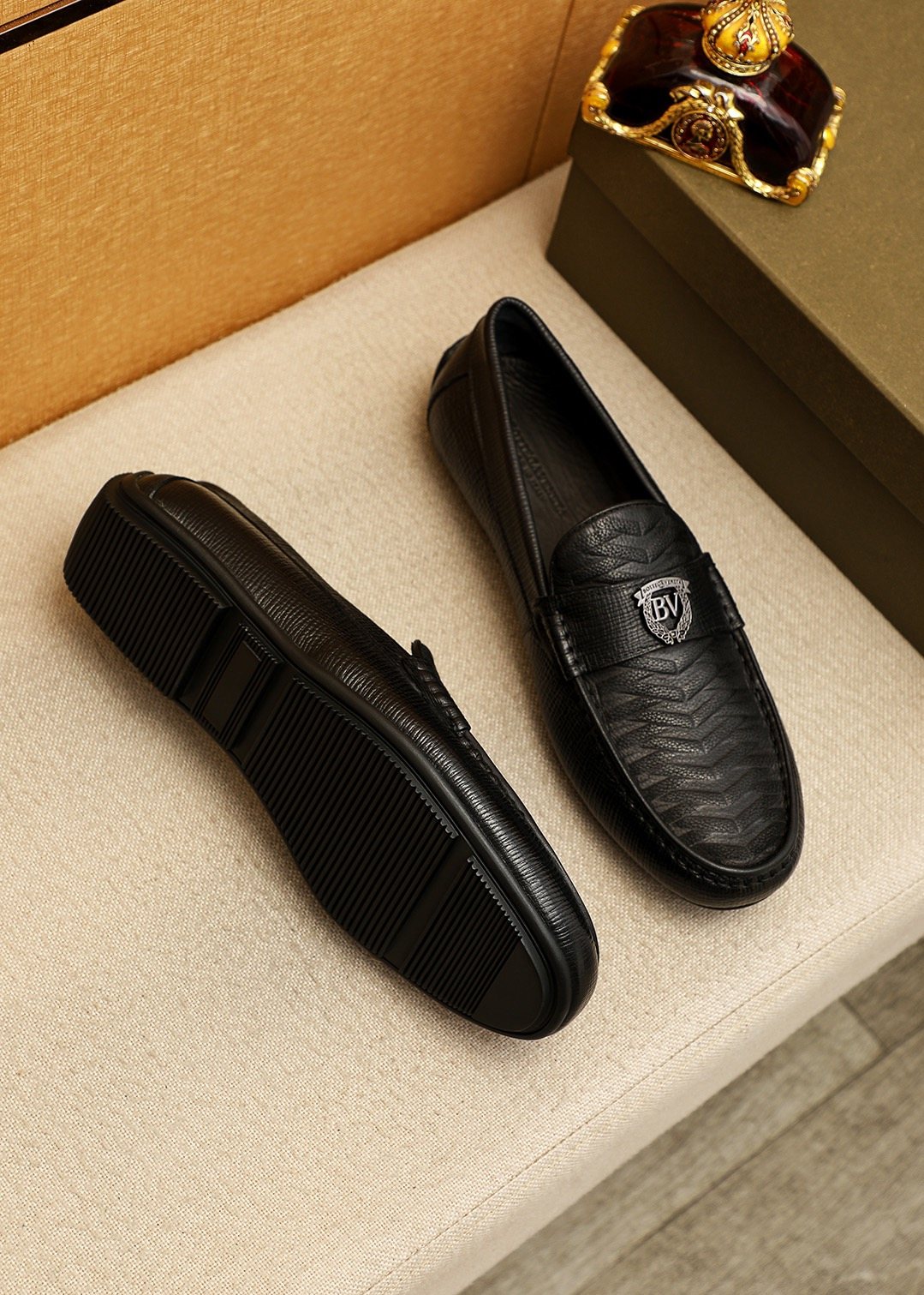 Bottega Veneta Men's Black Textured Slip-On Loafers