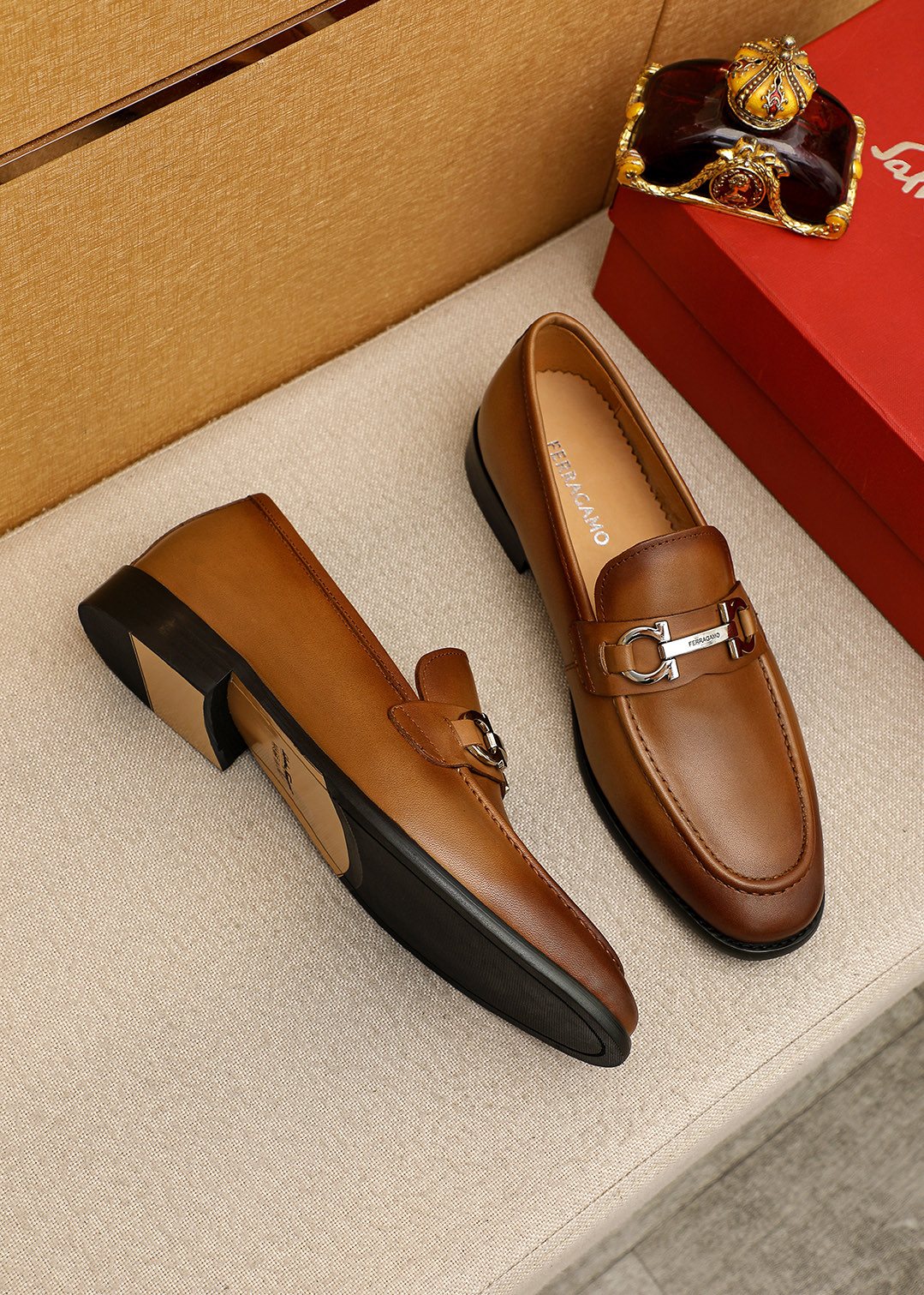Ferragamo Brown Metal-Accent Loafers