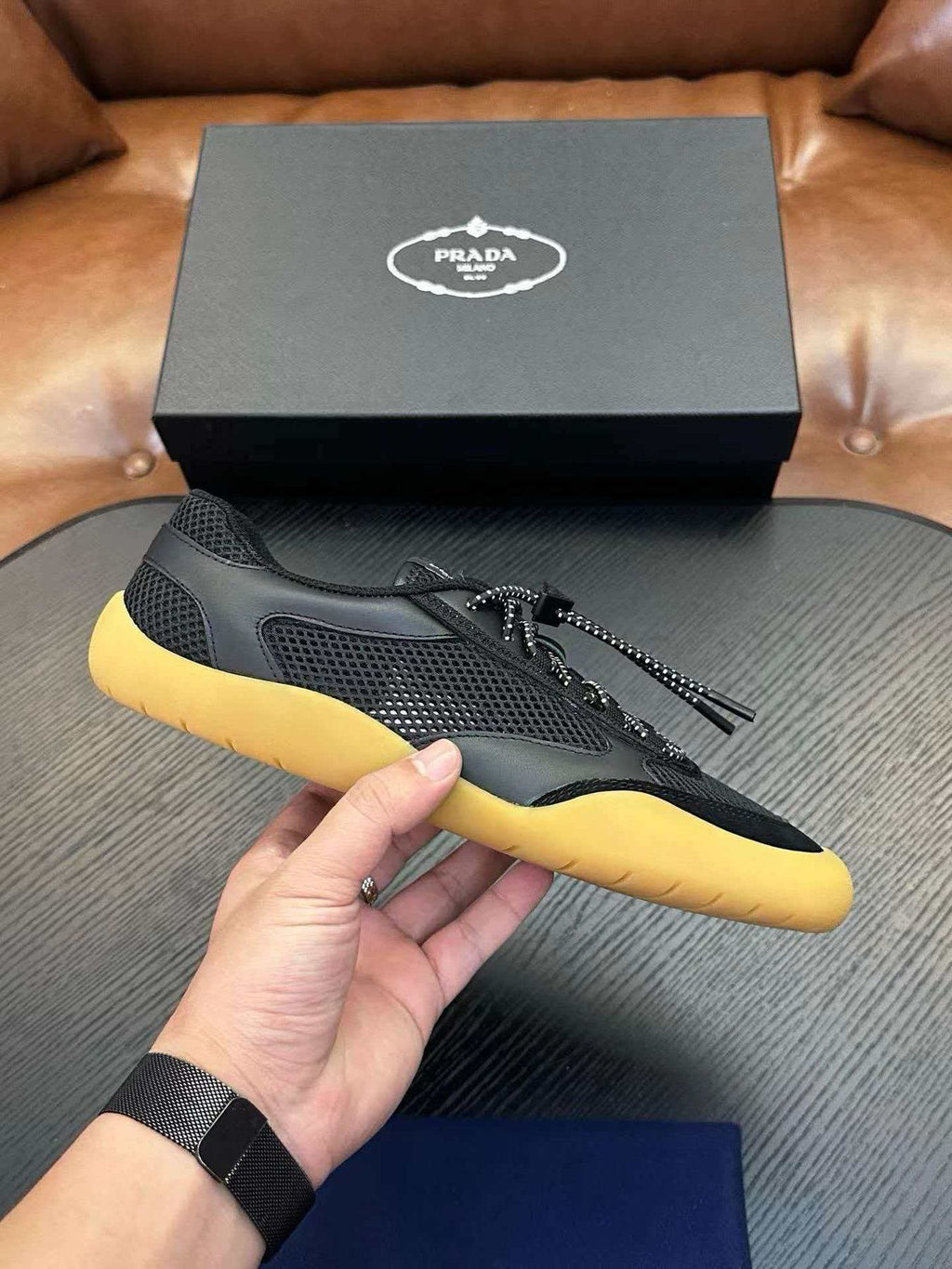 Prada Men's Black Yellow-Sole Sneakers