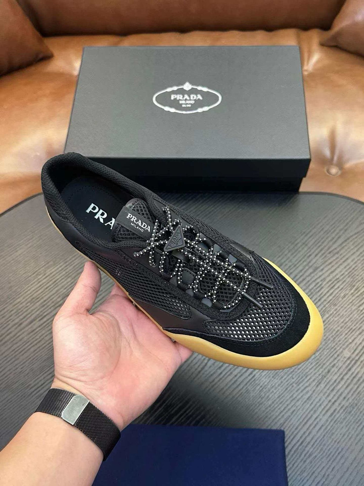 Prada Men's Black Yellow-Sole Sneakers