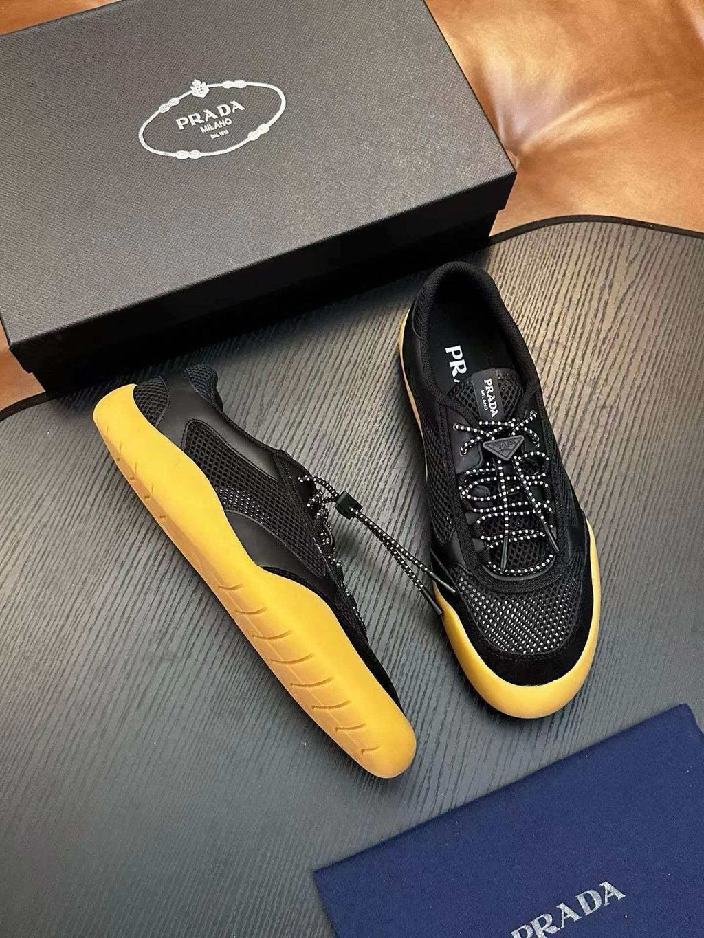 Prada Men's Black Sneakers with Yellow Sole