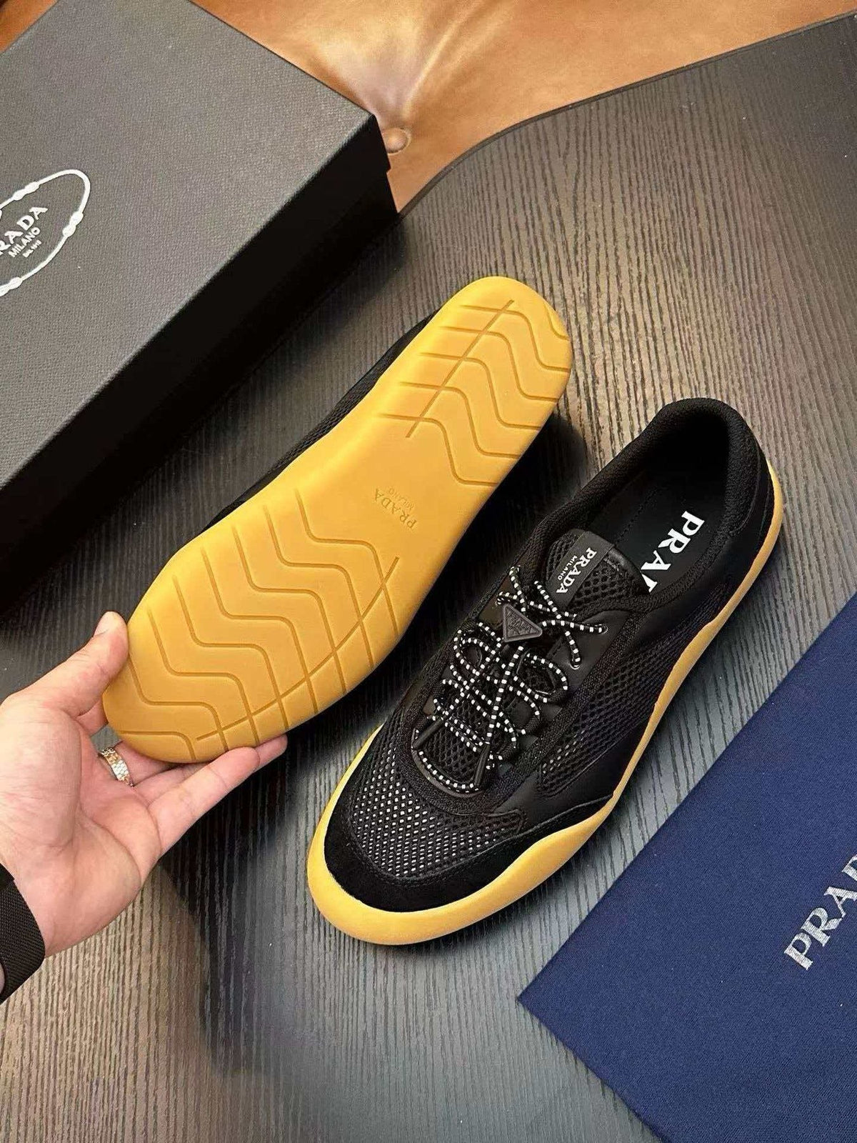 Prada Men's Black Sneakers with Yellow Sole