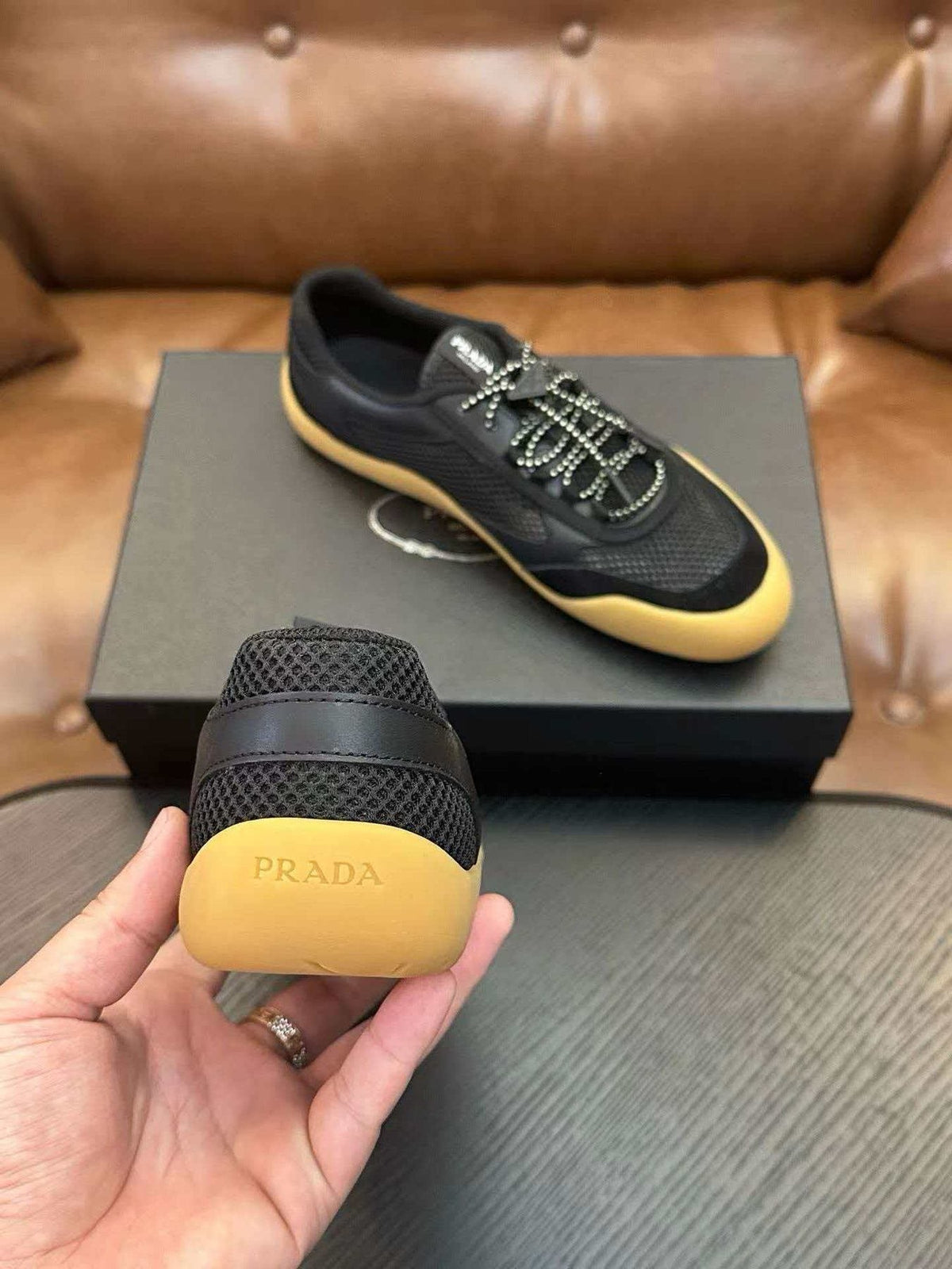 Prada Men's Black Sneakers with Yellow Sole