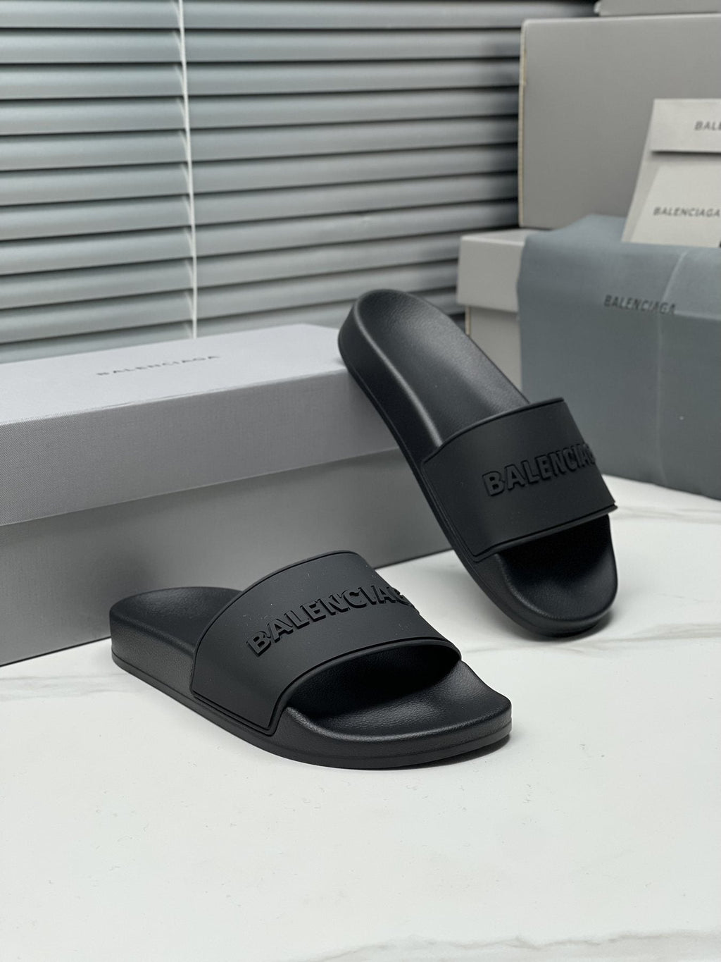 Balenciaga Black Embossed Slide Sandals