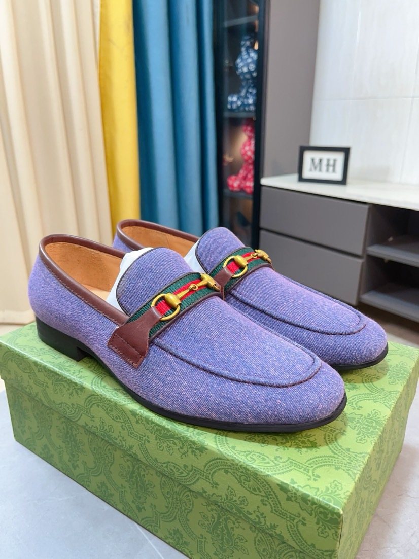 Gucci Purple-Blue Brown-Trim Loafers