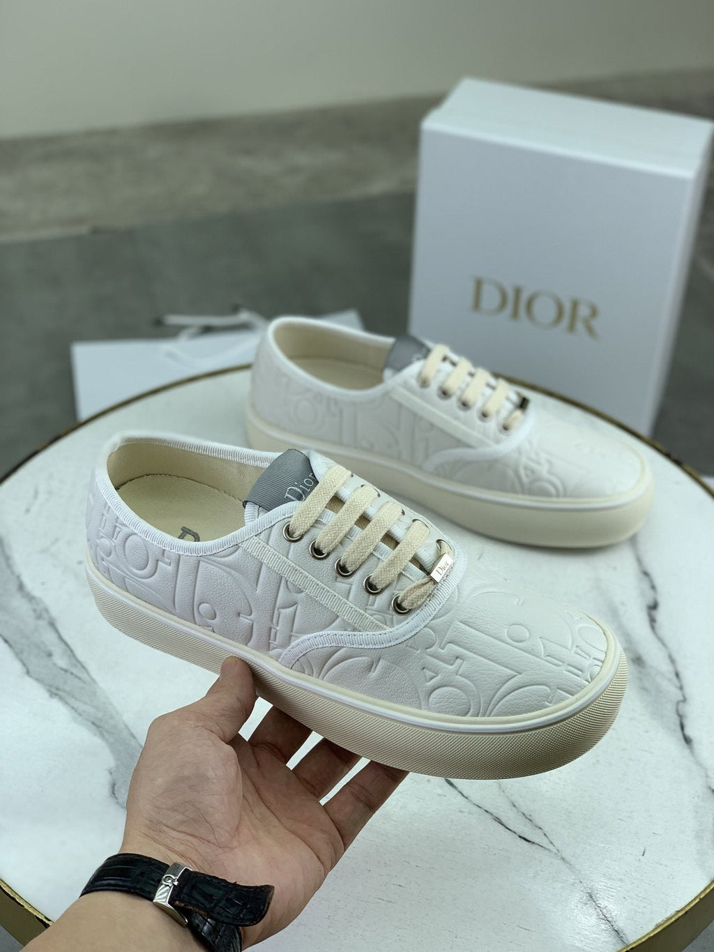Dior White Embossed Low-Top Sneakers