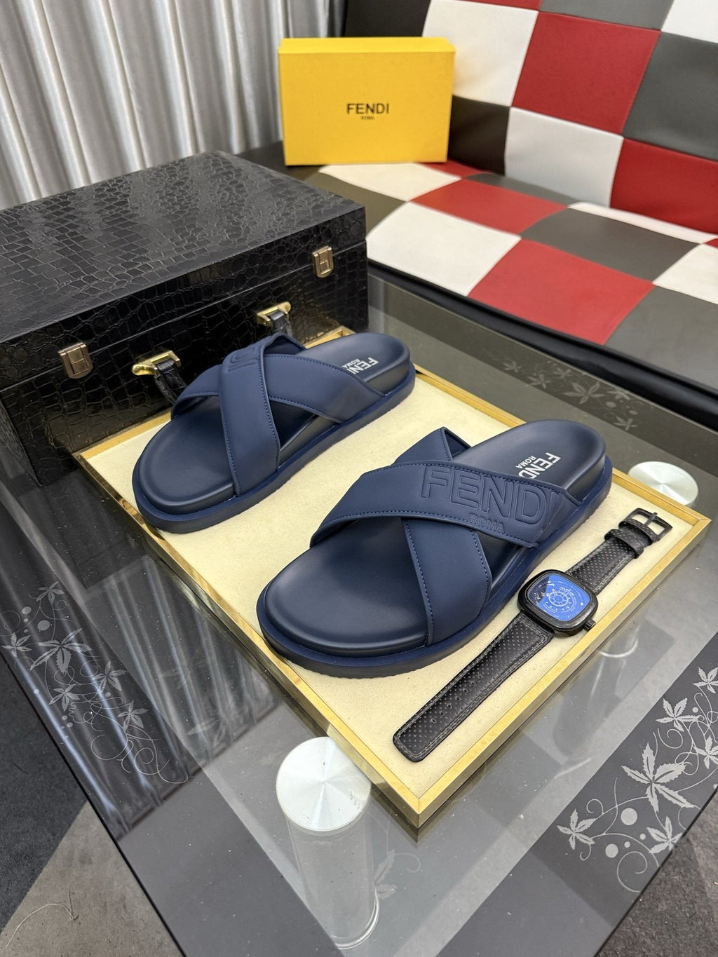 Fendi Embossed Cross-Strap Slide Sandals