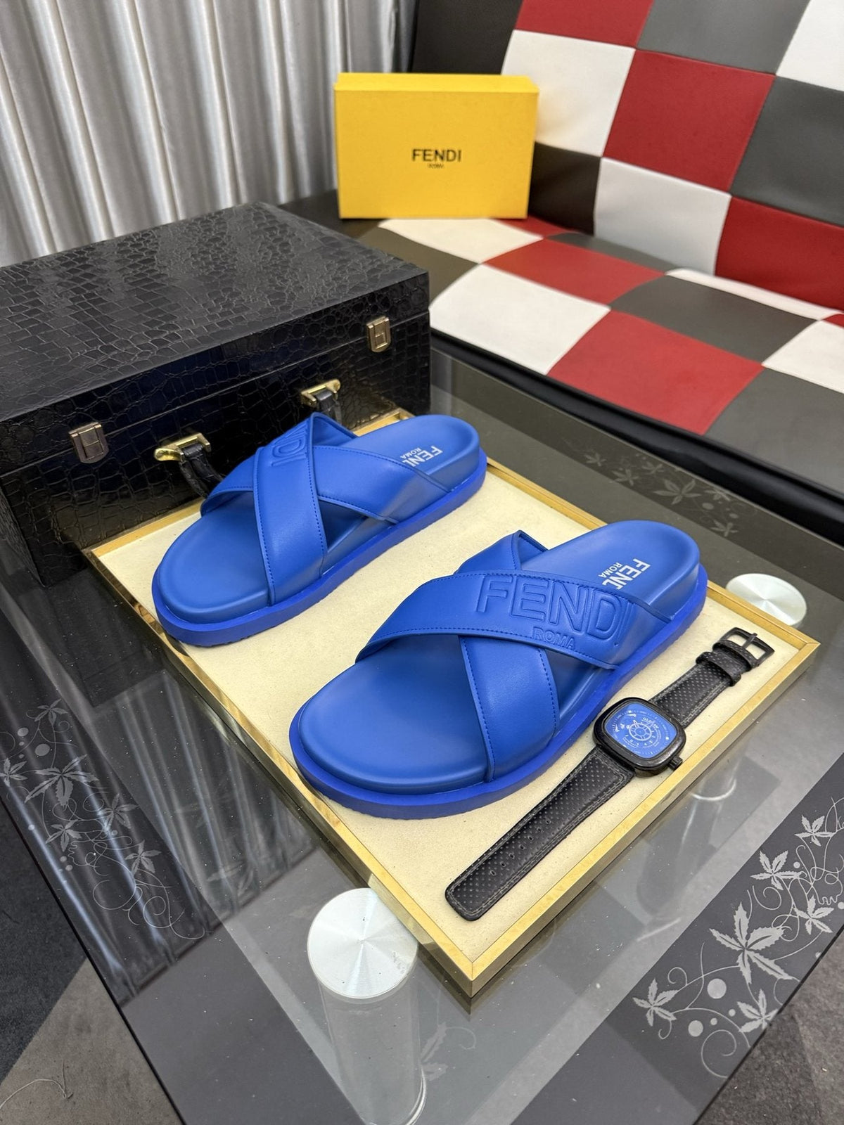 Fendi Embossed Cross-Strap Slide Sandals
