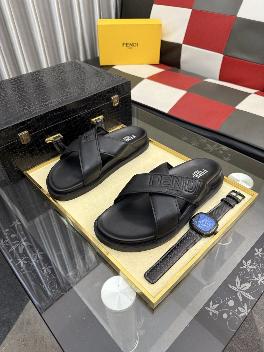 Fendi Embossed Cross-Strap Slide Sandals
