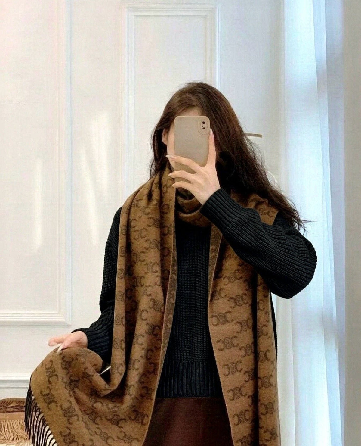 CELINE Brown Monogram Fringed Scarf