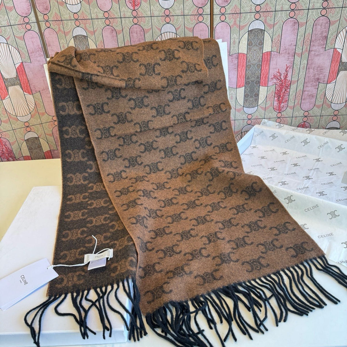 CELINE Brown Monogram Fringed Scarf