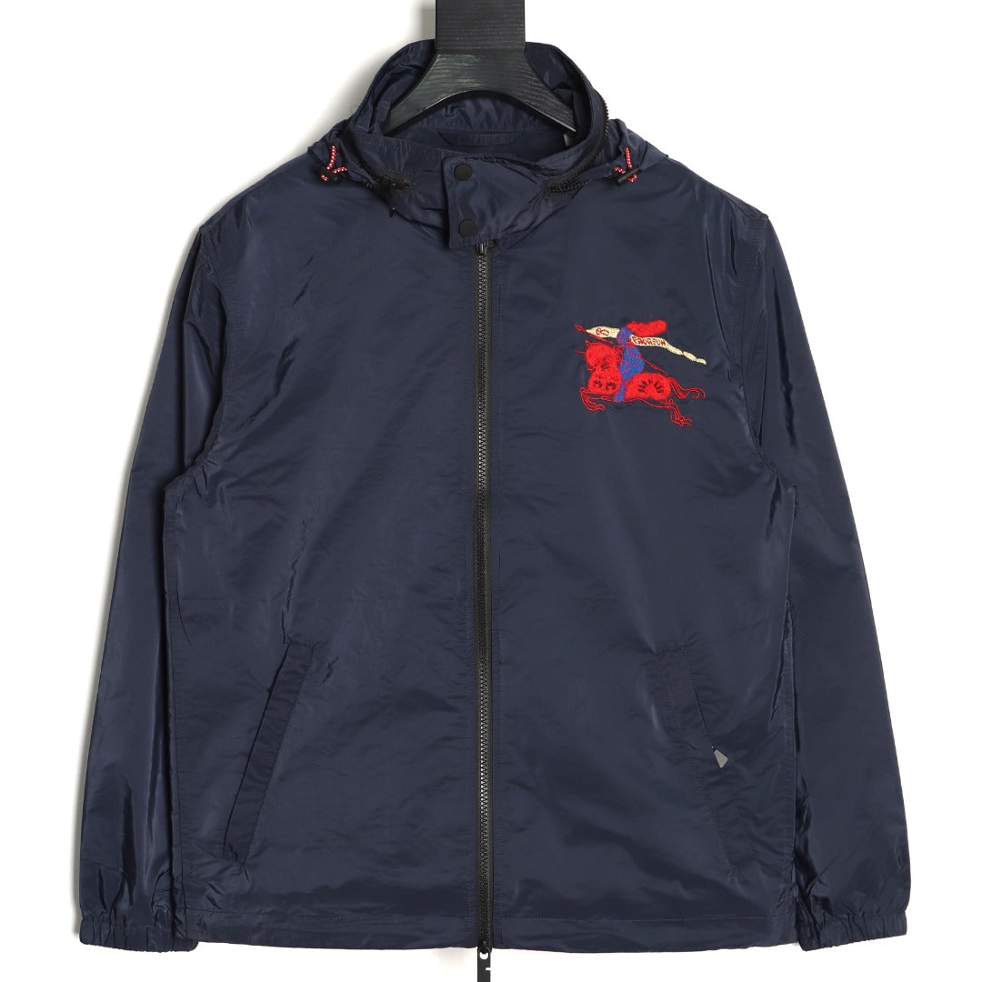Burberry Flocked Equestrian Knight Embroidered Hooded Jacket - Dark Navy